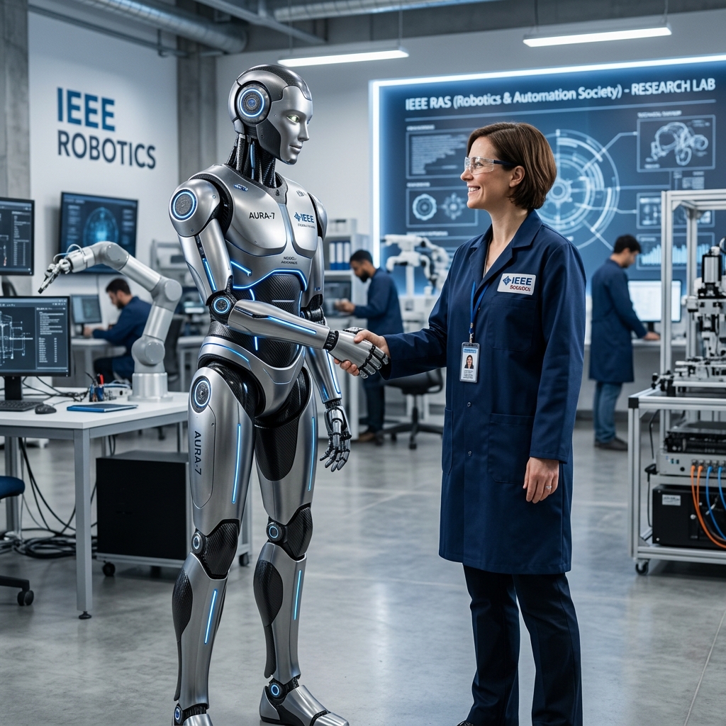 Human interacting with humanoid robot in laboratory