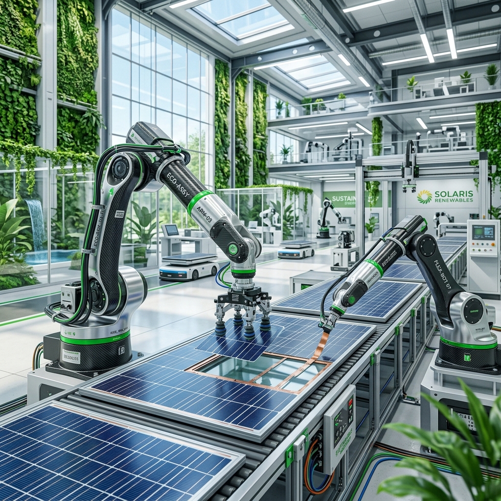 Industrial robotic arms assembling green solar technology
